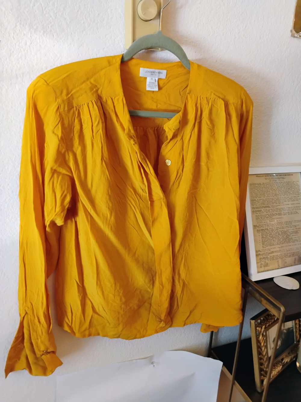 Vintage Jones New York Petite Gathered Blouse Marigold Yellow Long Sleeve